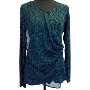 Jones New York green long sleeve snake print side ruching chiffon blouse size M